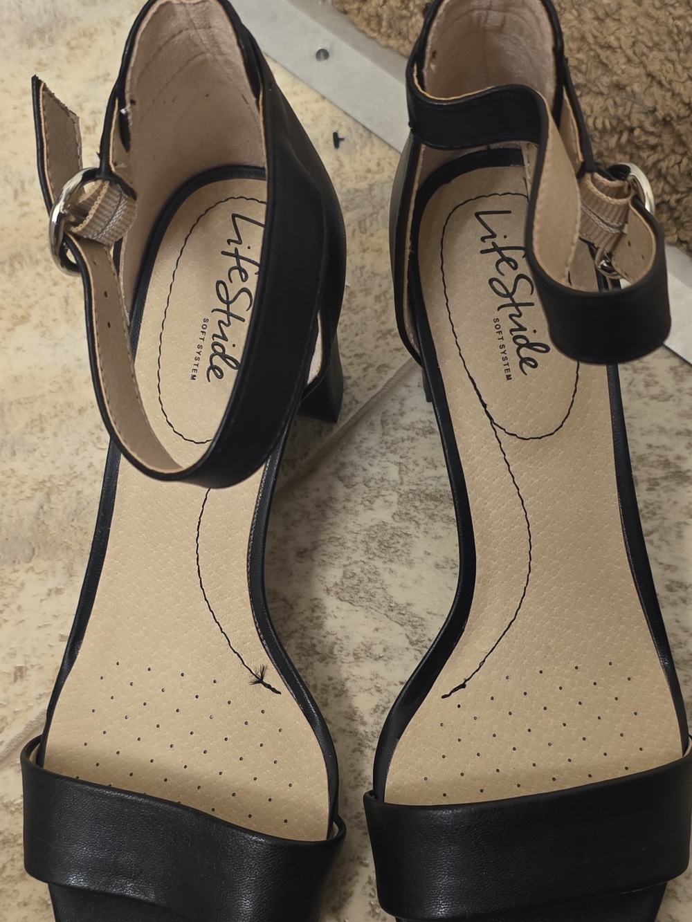 Life Stride Black Open-Toe Ankle Strap Block Heels